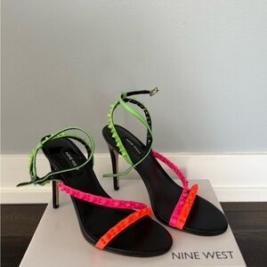 Nine West Black Heels with Green, Pink, and Orange Straps
